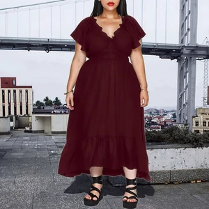 Womens Plus Size Casual Summer Midi Front-Smocked Elastic V-Neck Short Sleeve Ruffle Flowy Chiffon Floor-Length Natural