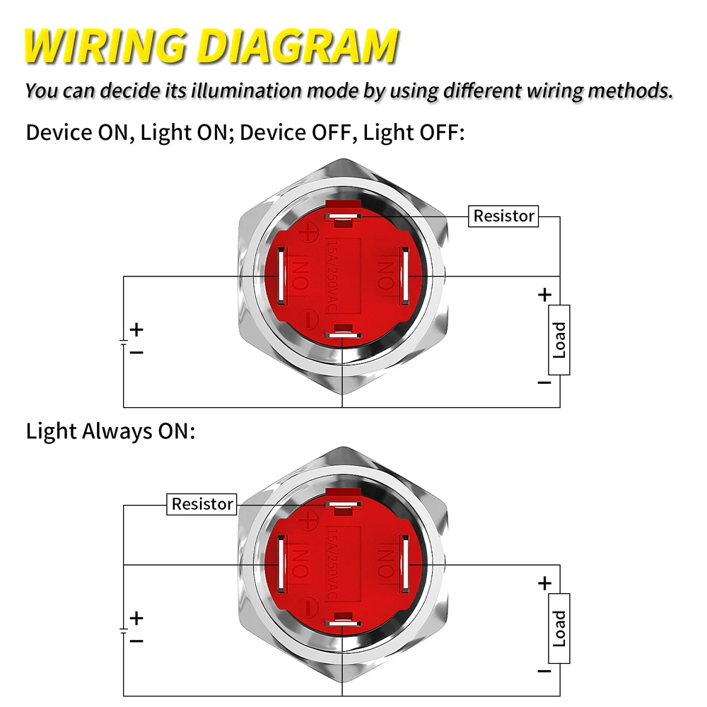 Heavy Duty 20A 12Vlot Waterproof Pushbutton Switch 4Pin ON-OFF 16MM Flat Button Marine Push Button Light Switch with Ring LED