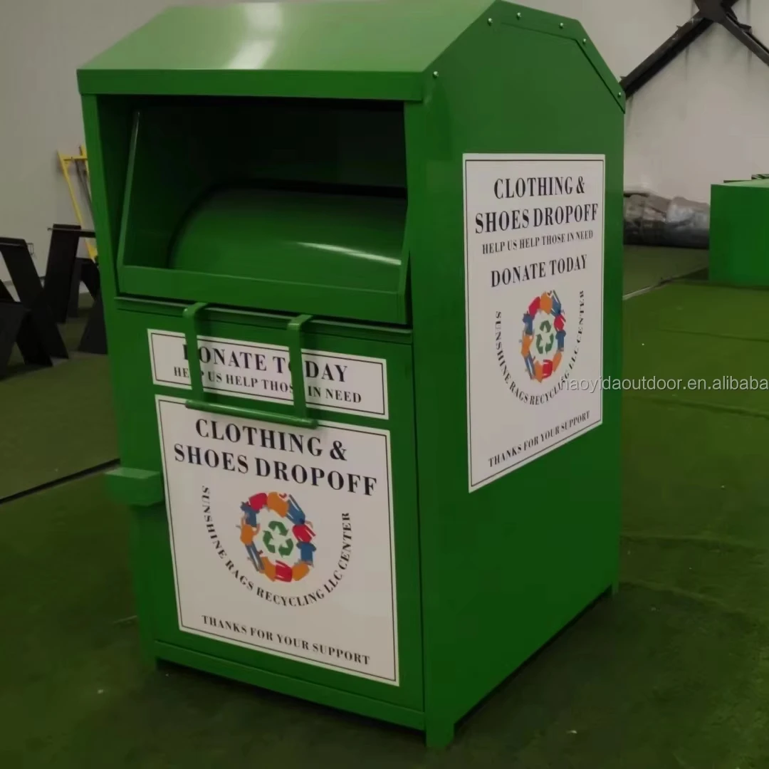 Customized Used Clothes Collection Banks Standing Metal Donate Recycle Bin Clothes Drop Boxes