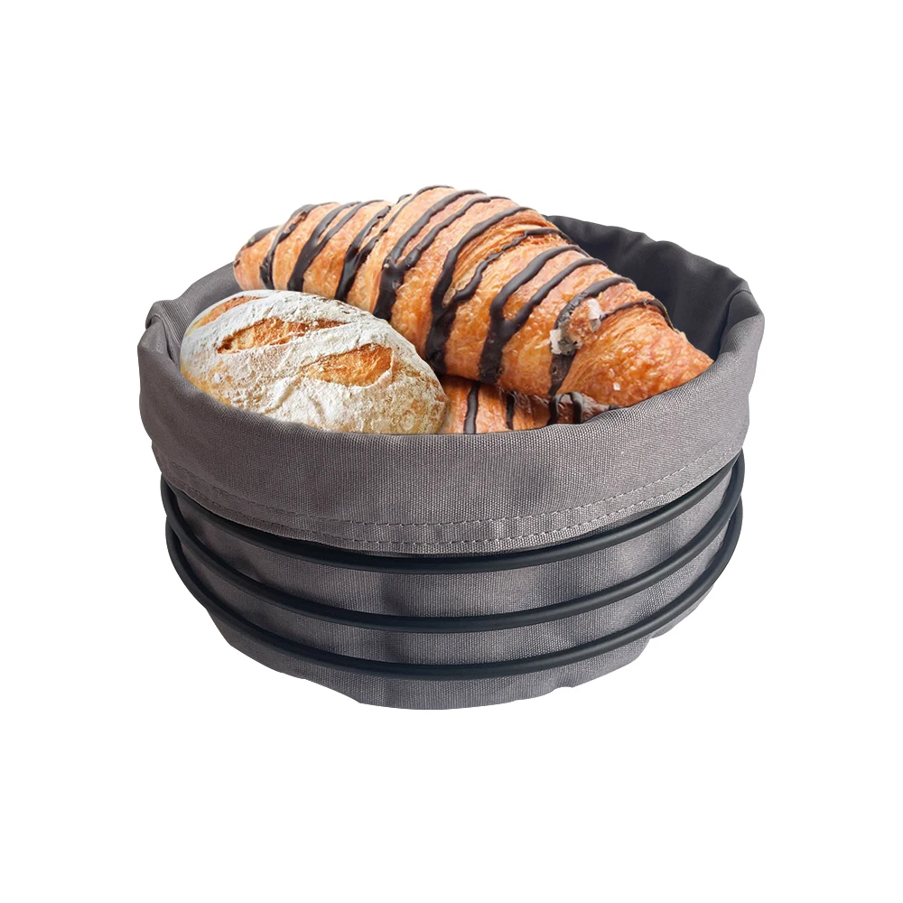 European Germany New Style Metal Canvas Bread Baskets Matt Black Round Toast Baguette Bread Holder With Grey Cloth Liner Bag