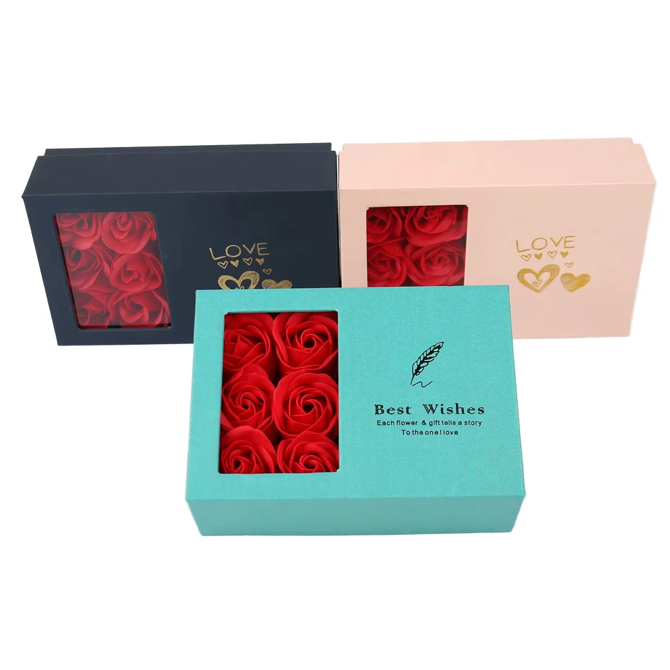 Jinayon tilpasset Valentinsdag blomsterbokssett, rosa papir gave stive bokser, tilpassede bokser for smykker med 6 såperoser håndlaget