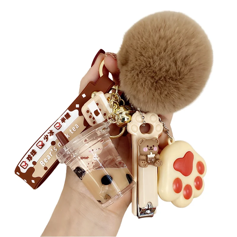 Lilangda 2022 Bubble Baba Milk Tea Design Pom Pom Nail Clippers Cat Paw Keychain Laveros Porte Cl Liquid Keychain Plastic Metal