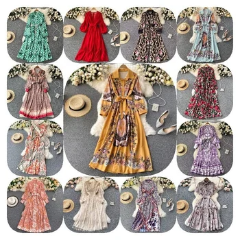 2024 Summer Dress Casual Long Dress Fashion Elegant Slash Neck Short Sleeve Spandex Ladies Women Mini Digital Printing Woven