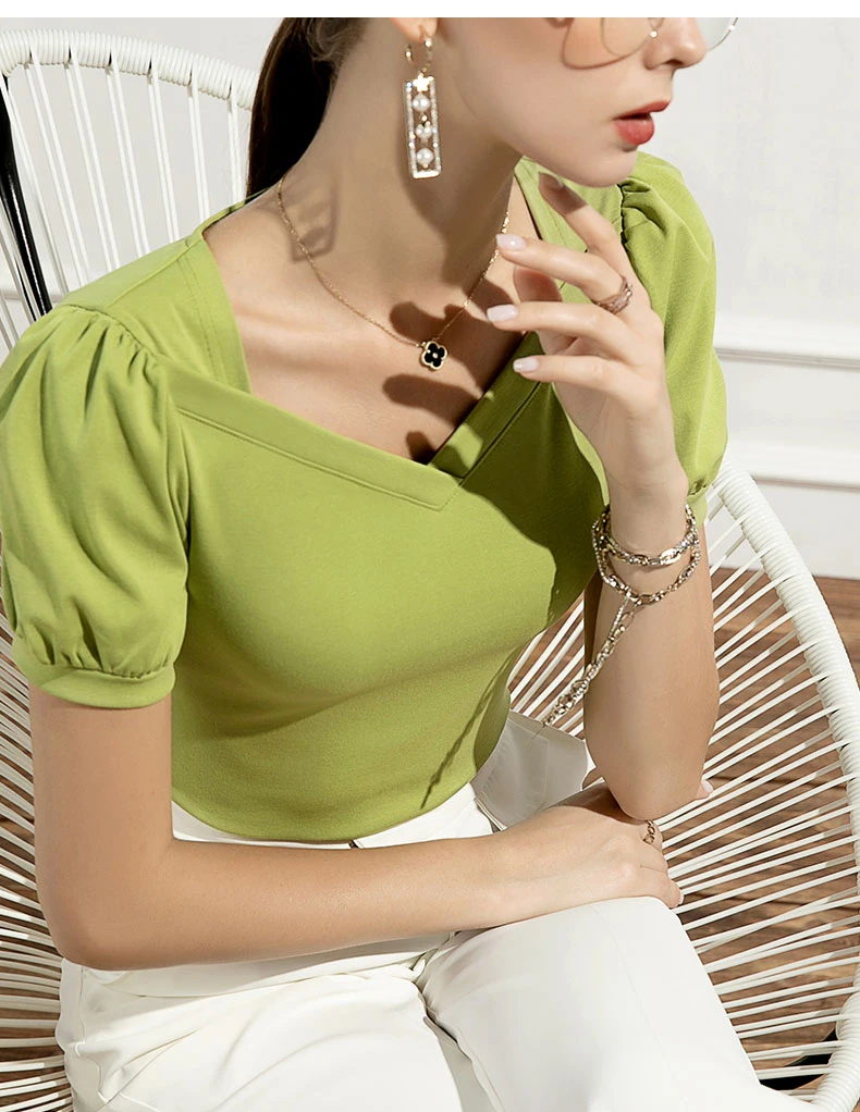 2022 summer fashion casual pure color soft women's top slim lady short sleeve T shirt puff sleeve