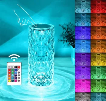 Led Rose Crystal Table Lamp Shadow Effect Acrylic Shiny Rgb Rechargeable Touch Lamp Usb Rose Desk Lamps For Bedroom