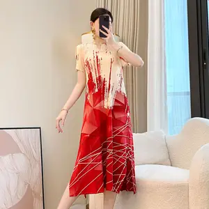 Elegant Pleated Satin Women's Dress 2026 New Miyake Printed Casual Style Red Long Summer Short-Sleeved Dress with Logo on Front