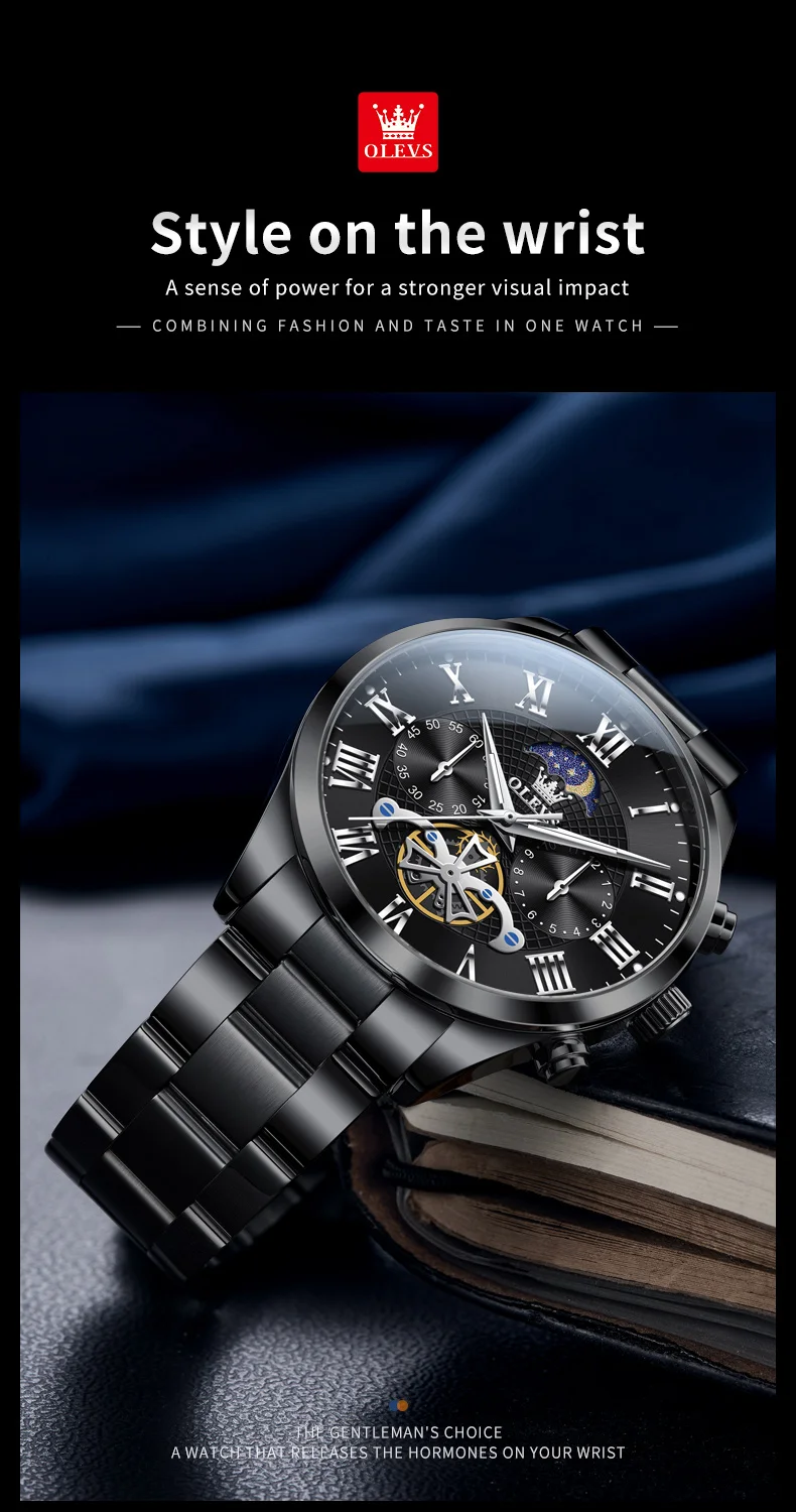 OLEVS 3640 Men's Watches TOP Brand Chronograph Moon Phase Roman Scale Stainless Steel Luminous Hands Waterproof Man Wristwatches