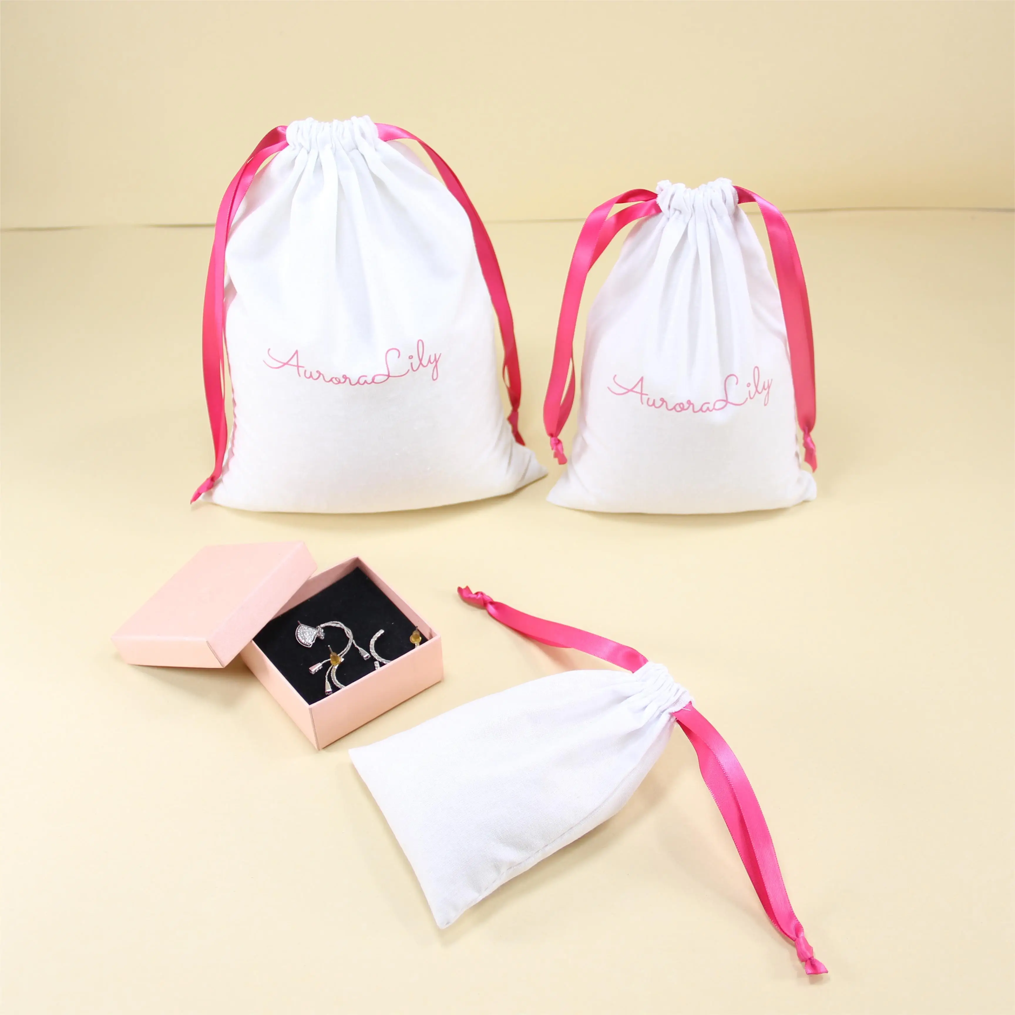 Eco-friendly Cotton Pouch Ribbons String Bag Packaging Jewelry