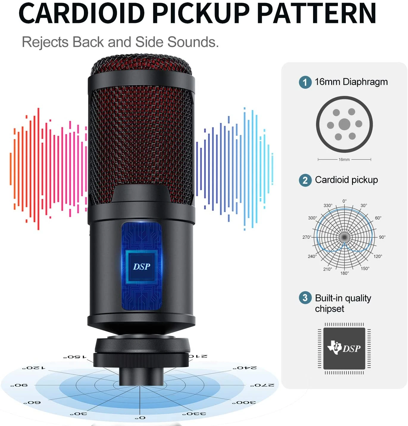 Профессиональный USB-микрофон с шумоподавлением, портативный конденсаторный микрофон с настольной подставкой для потоковой трансляции для ноутбука, Mac
