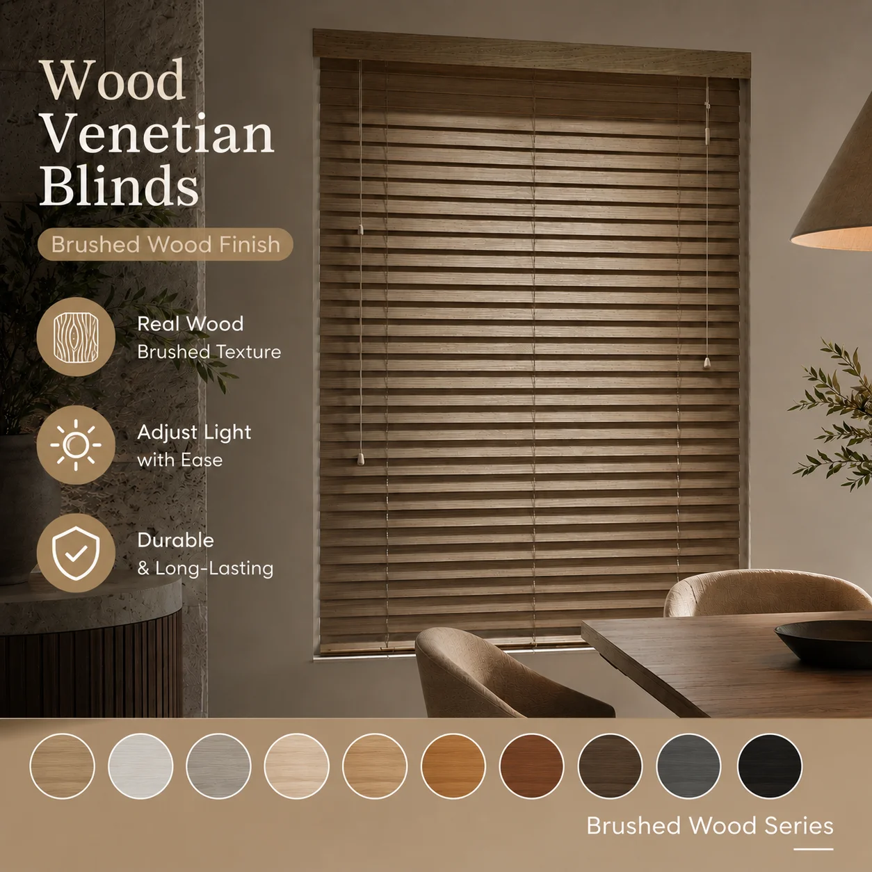 Custom Brushed Wood Venetian Blinds Cord Control Window Shades for Home Light Control