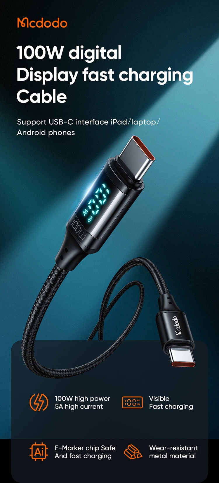 Usb C To Usb C 1.2 Meter Cable Led Digital Display Hd 100w With Emark