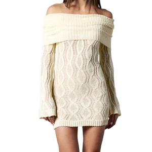 Custom High Quality Women's Casual ELEGANT Simple Long Sleeve off the Shoulder Knit Mini Bodycon Dress