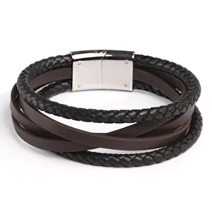 Braided Men Custom Bracelet Leather Wristband with Stainless Steel Magnetic Clasp Multi-layer Bracelet for Mens Bracelets Men's