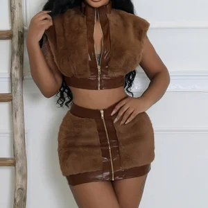 Viviblook K24ST426 Fashionable Women 2026 Autumn New Sexy Zipper Crop Top Hot Girl Hip Wrapping Short Skirt 2 Piece Set