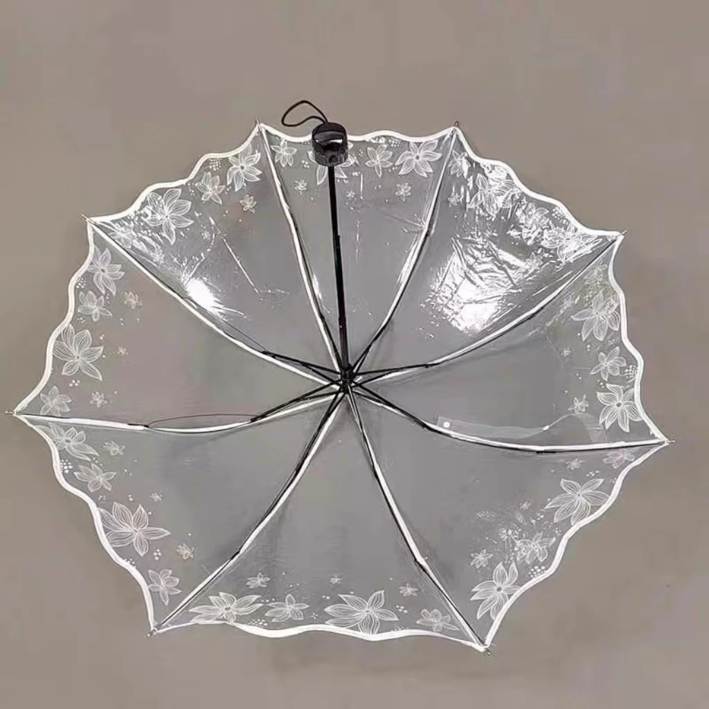 Modern Manual Cherry Blossm Printed 3-Folding Ruffled Edge POE Plastic Transparent Umbrella for Travel Girls Students
