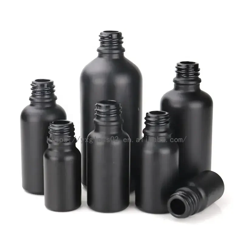 Supplier cosmetic cuticle hair essential oil/serum bottles frosted black with bamboo dropper lid 5ML10ML15ML30M100ML120ML