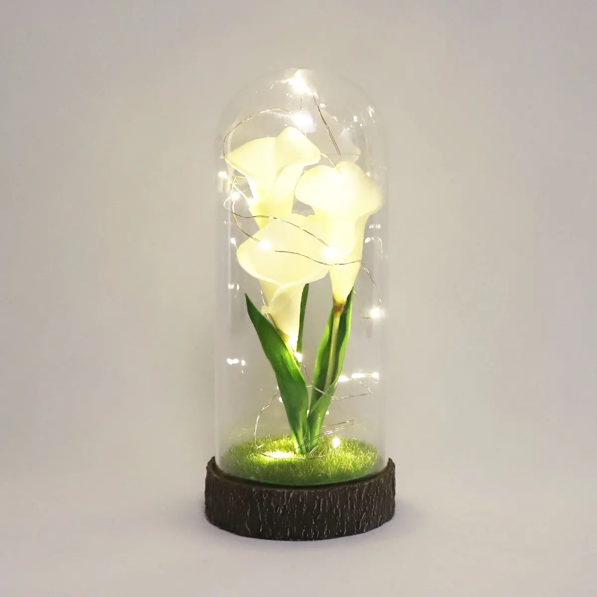 Battery operated led light up preserved flower hand blown glass dome wooden base decor valentines day glass cloche with lights