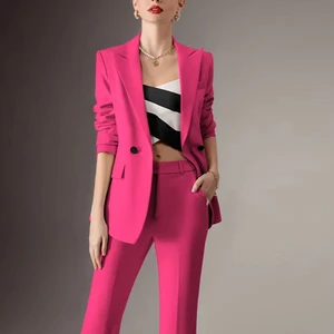 Latest Ladies Office Suit Design Double-Breasted 2-Piece Set in Pink and Black Women's Salwar Suits & Blazers