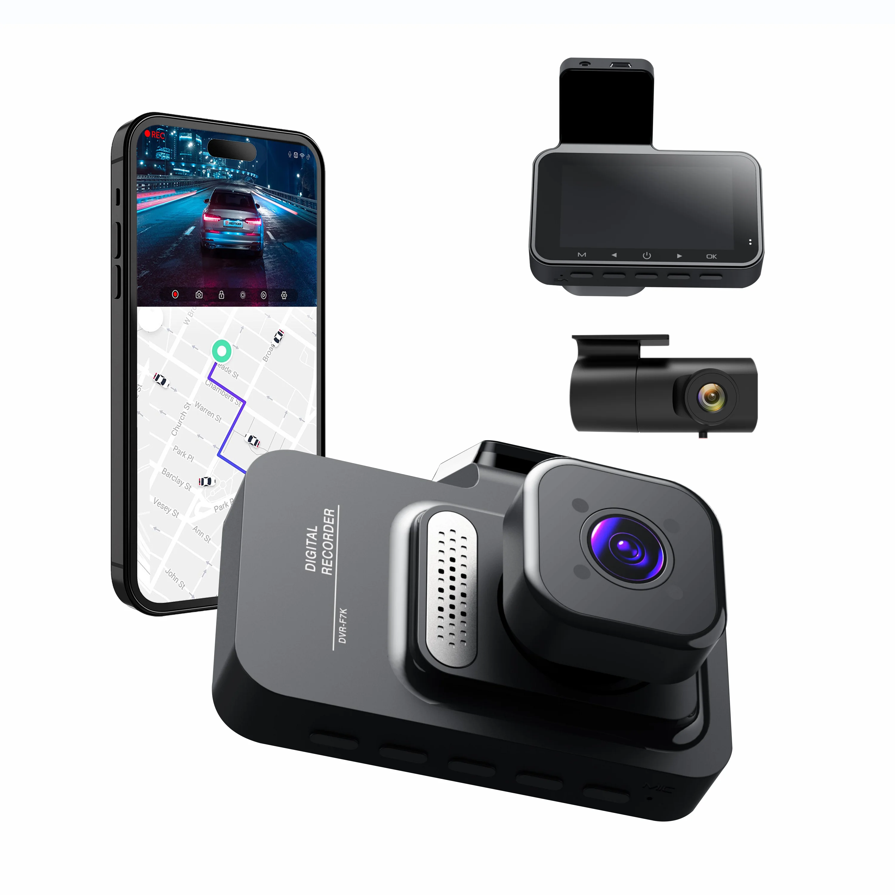 Coview 2K palubní kamera, autovideorekordér 1440P+1080P WIFI, dvoučočková palubní kamera, 2 kanály, živé video s GPS sledováním a monitorováním