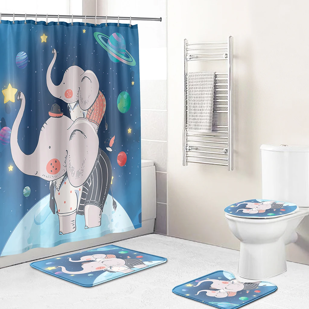 Wholesale Polyester Print Elephant Waterproof Shower Curtain Set 4
