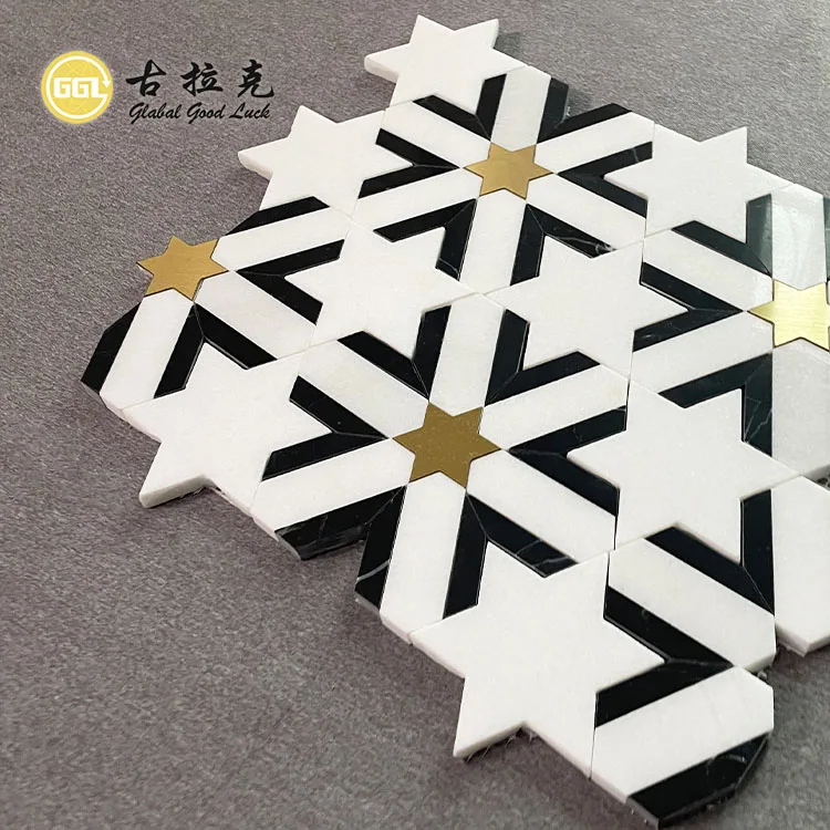 Hot Selling White Mosaic Star Shape Marble Tile Inlay Brass Stone Black Wall Floor Mosaic Tile details