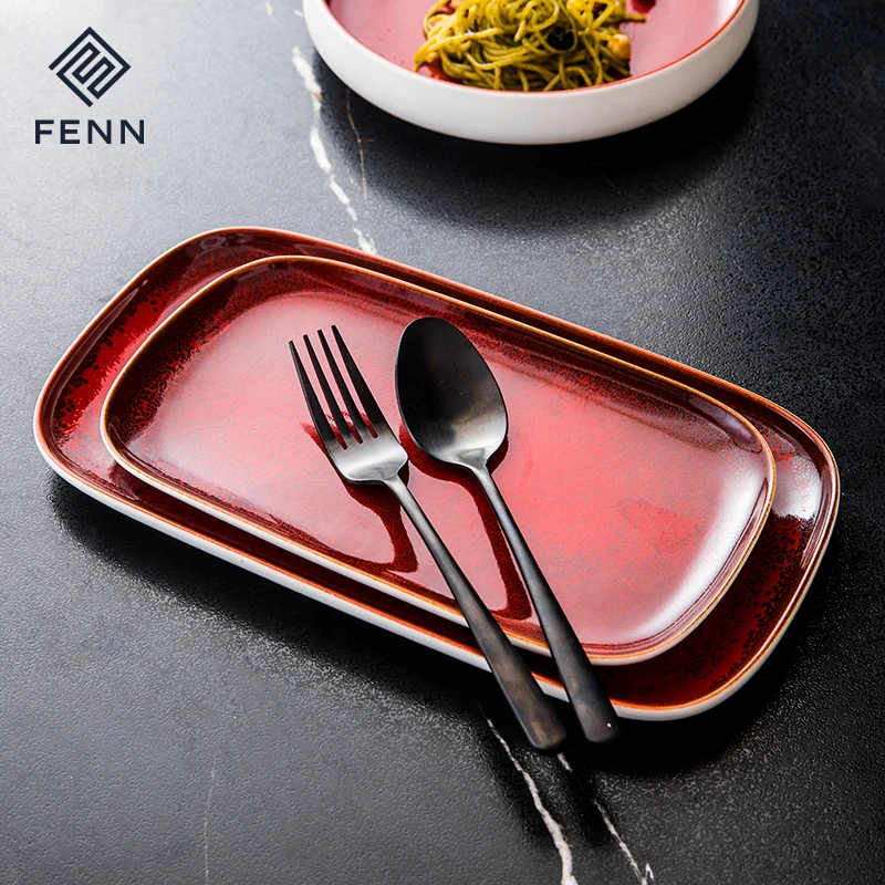 FENN Low MOQ Reactive Red Serving Tray Platter Hotel Restaurant Luxury Ceramic Appetizer Salad Meat Serving Platter