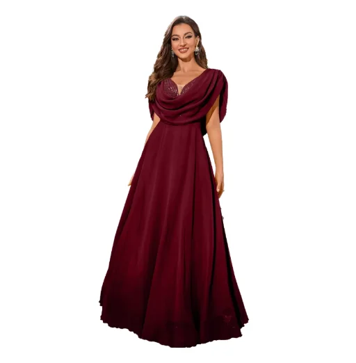 S1769N New Elegant Empire Waist Cowl Neck Chiffon Women Batwing Sleeve  A-Lined Ruched Patchwork Maxi Formal Party Evening Dress| Alibaba.com