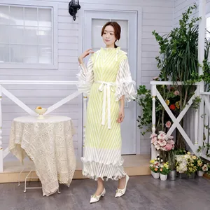 Women's Pleated Midi Dress Ruffled Half Sleeves Belted Elegant Office Daily Dress 2025 New