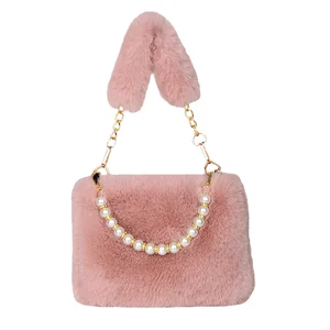 custom logo Charming for Pink Furry Handbag New Fashion Crossbody Bag Pearl for Autumn Simple Plush Outdoor Portable Valentine's Day Gift