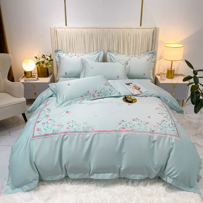 Modern High-End 180 Yarn Count Long Staple Cotton Quilt Cover Set Four-Piece Bedding Set with Plant Flower Embroidery Sheet factory