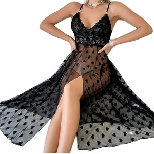 Love Theme Sexy Knee-Length Nightgown a See-Through Intimate Lingerie Pajama Dress Stage Uniform for Women's Sleepwear