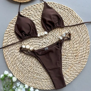 Sexy Halter 2-Piece Bikini Set Solid Color Thong Swimwear with Bead Decoration Spandex/Polyester Breathable