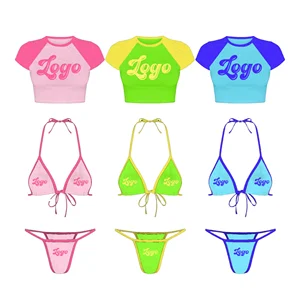 2026 Women's Luxury Swimwear Set Custom Logo Sexy 3-Piece Fitness Micro Mini Bikini Baby Tee T Shirt Solid Fruit Bathing Suit