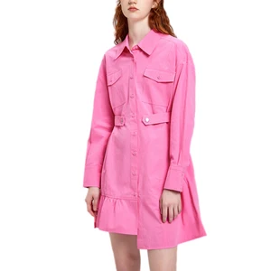 Custom Women Causal Candy Color Shirt Dress Long Sleeves Button up Ruffle Asymmetry Hem Chic Stylish Dress