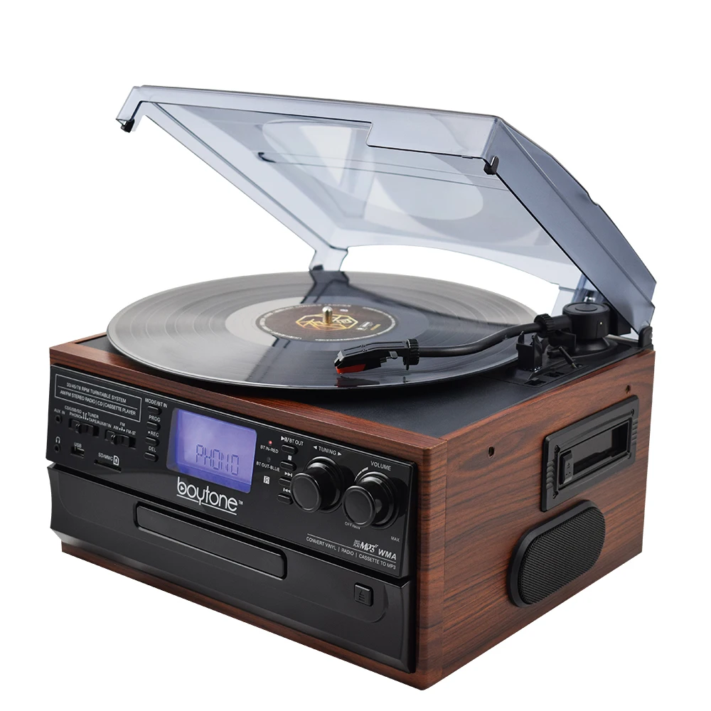 古いアンティークのラジオとカセット、CD、SDプレーヤー付きのLP蓄音機