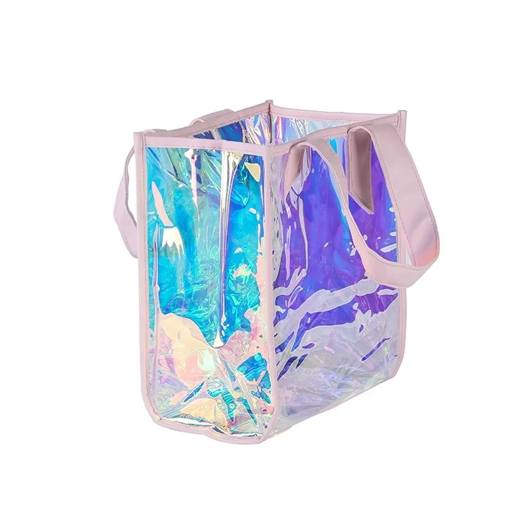 Personalized Transparent PVC Cosmetic Bag Holographic Woman Tote Shopping Bags