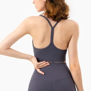 Women's High Quality Nude Yoga Bra with Sexy Y-Back Design Hollow Back Sports Vest with Washed Technique and Chest Pad