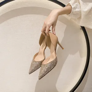 2026 Autumn New Wedding Shoes Korean Style Glitter Large Size Commuting Pointed Toe Patchwork Women's French Stiletto Heels