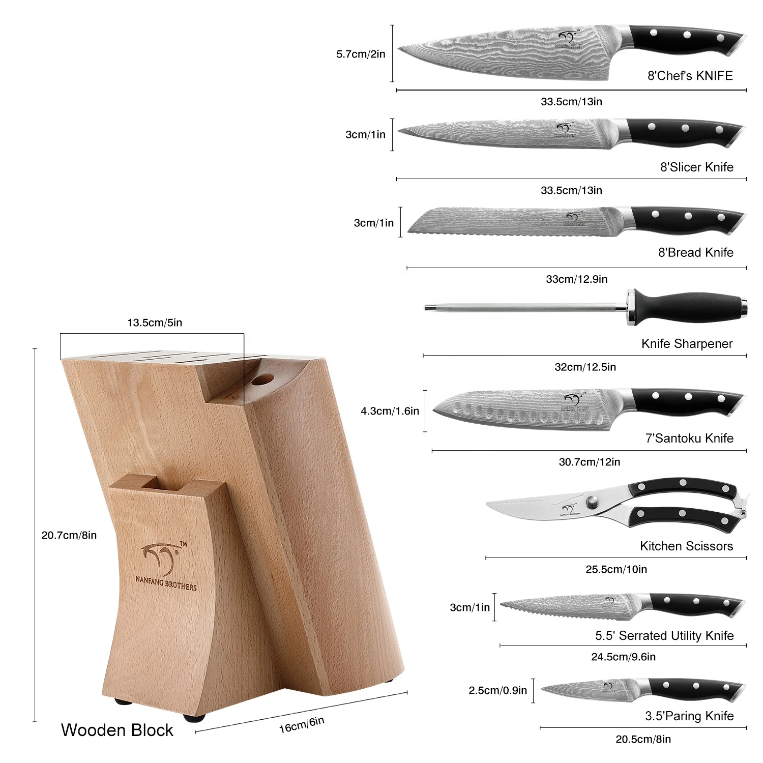 Damascus Kitchen Knife Set, 9 pieces Chef knife Set with Comfortable Ergonomic ABS Handle