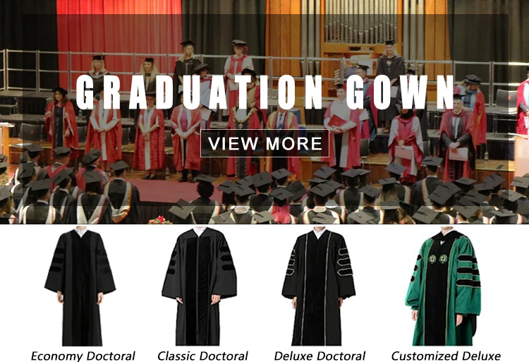 High quality doctoral graduation gown displayed with academic regalia
