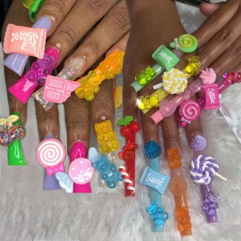 yolai 50pcs 3d gummy candy nail charms colorful sugar gummie candy lollipop  cute kawaii 3d nail art charms for nail art designs diy crafting