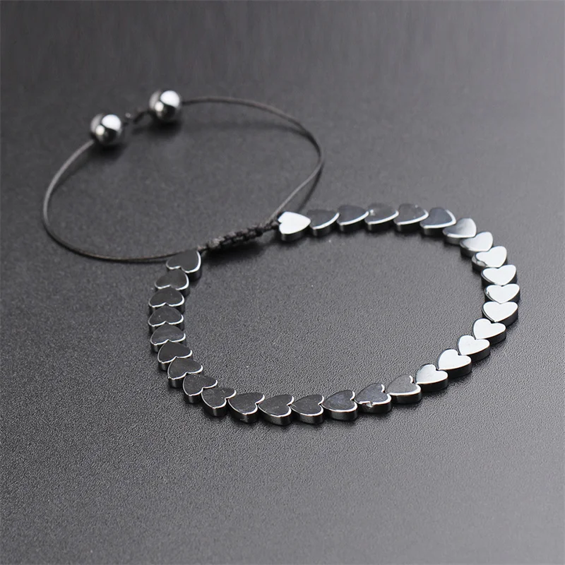 Simple Geometric Heart Arrows Hexagon Hematite Magnetic Stone Bead Handwoven Adjustable Magnet Bracelet for Mens Jewelry