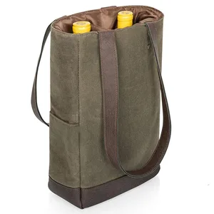 Picnic Gift Portable 2 Bottle Champagne Carrier Tote Waxed Canvas Waterproof Insulated Custom Wine Bags Cooler Bag