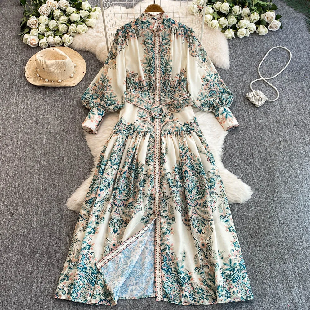LW1078 Vintage Printed Lantern Sleeve Stand Collar Dress Women'S New Waist  Slimming Temperament Long Dress Floral Dress