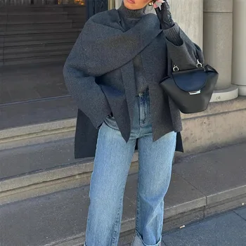 European and American Autumn Winter Casual Style Knitted Short Long-Sleeved Coat Lazy Loose Shawl Cape Scardigan