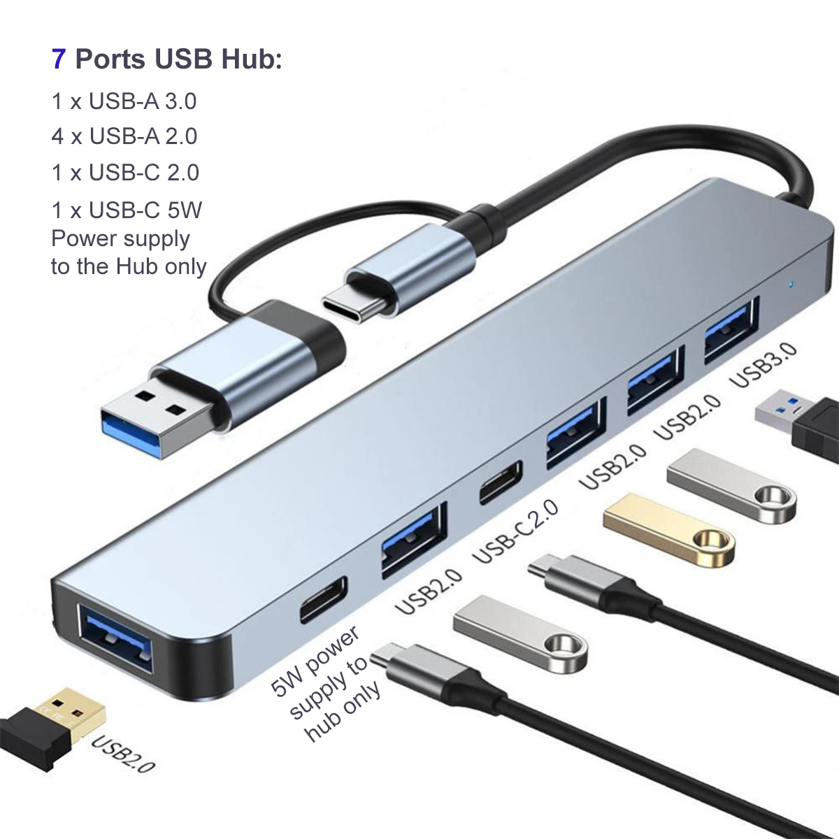 7-in-1 Mobile Computer Multi-function Dual-head USB/TYPE C 3.0 USB Hub PD5W Multi-device  7-1 Type-C to Usb 3.0 Hub