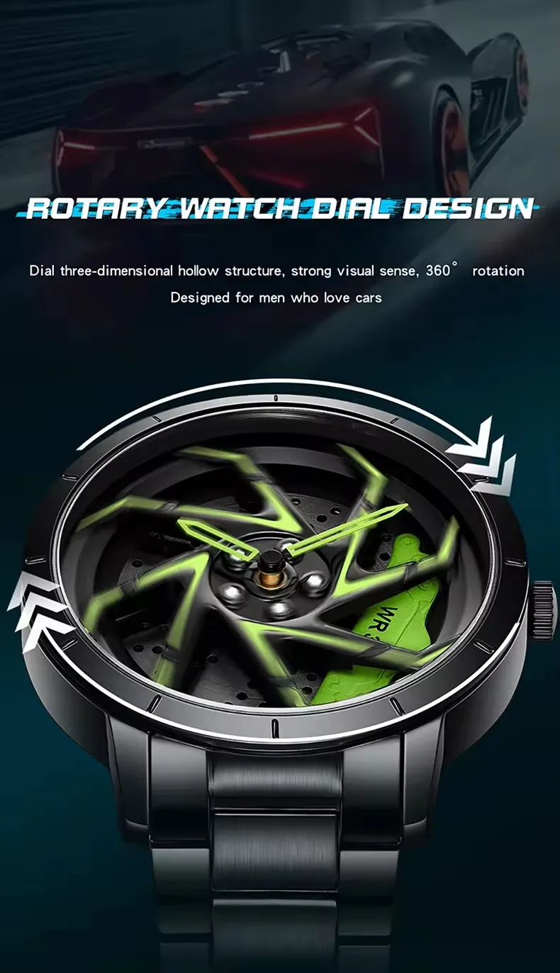 Wheel Rotation Watch Men's Car Wheel Rim Spinning Watch - Waterproof & Stylish