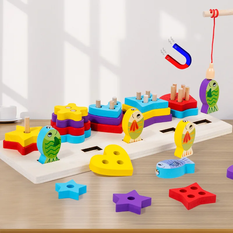 Wooden Fishing Logarithmic Board Multifunctional Shape Sorter Building Block Toy Set