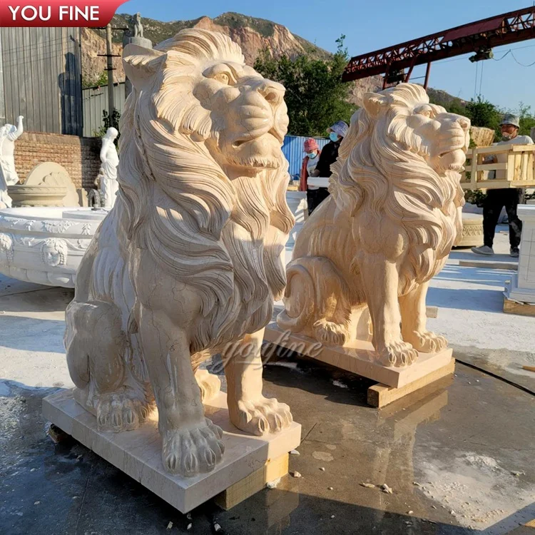 Hand Carved Life Size Natural Marble Lion Statue Garden Decoration