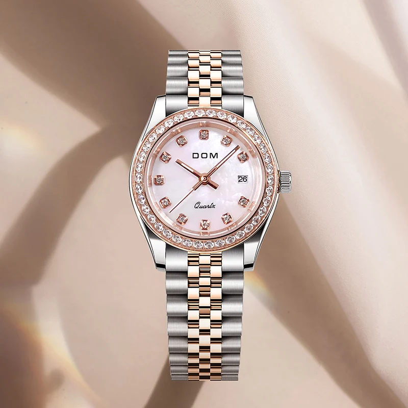 Luxus-Rose Gold-Strass-Beisel und Perlenmutter Zifferblatt Uhr für